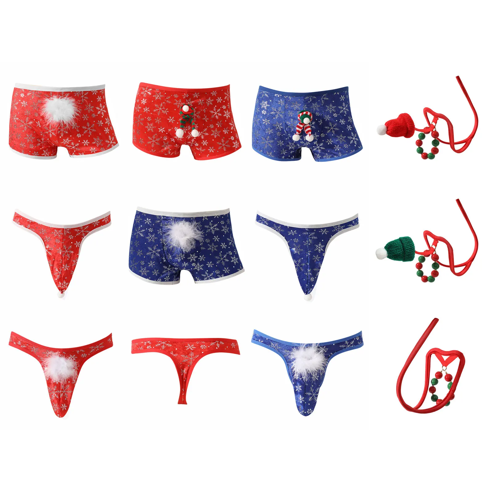 กางเกงในคริสต์มาสสำหรับผู้ชาย ลายเกล็ดหิมะวิบวับ พร้อมกล่องตกแต่งตลกๆ บ็อกเซอร์/จีสตริง สำหรับคู่รักในคืนเดทหรือเล่นเกม