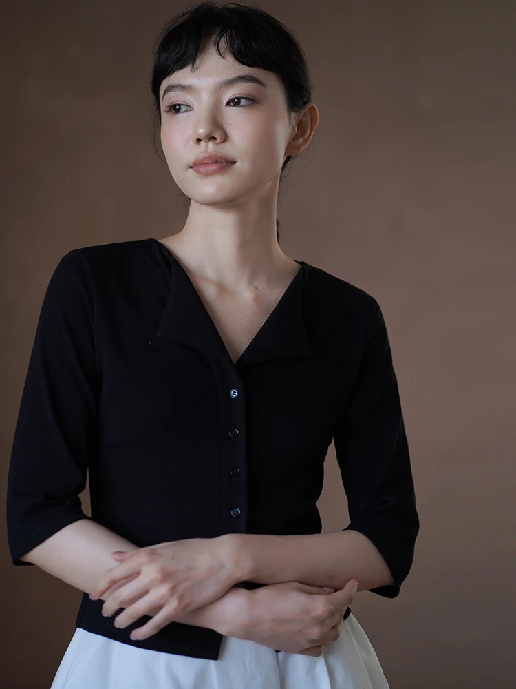 

Slimming Double-Sided V-Ne T-irt Comfortable Sve Length Knitted Casual Sle Elastic Fit Regular Length Summer Top