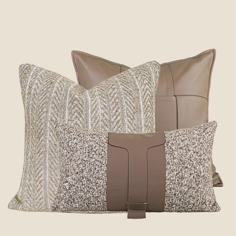 Simple Modern beige coffee cushion cover PU leather tweed patchwork pillowcase