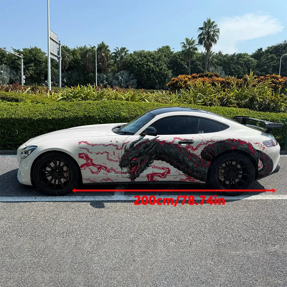 2pcs Red Lightning Giant Serpent Car Side Wraps, Self-Adhesive PVC Waterproof & Scratch-Resistant Stickers, Car Accessory Gift