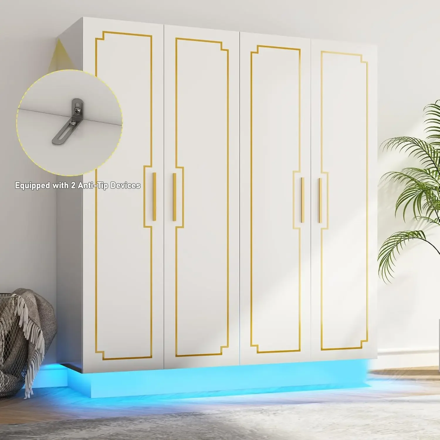

70in LED 4 Doors Armoires Wardrobe Closet&Cabinet with Metal Hanging Rod,Bedroom White Tall Armoires with RGB LED 60000-color