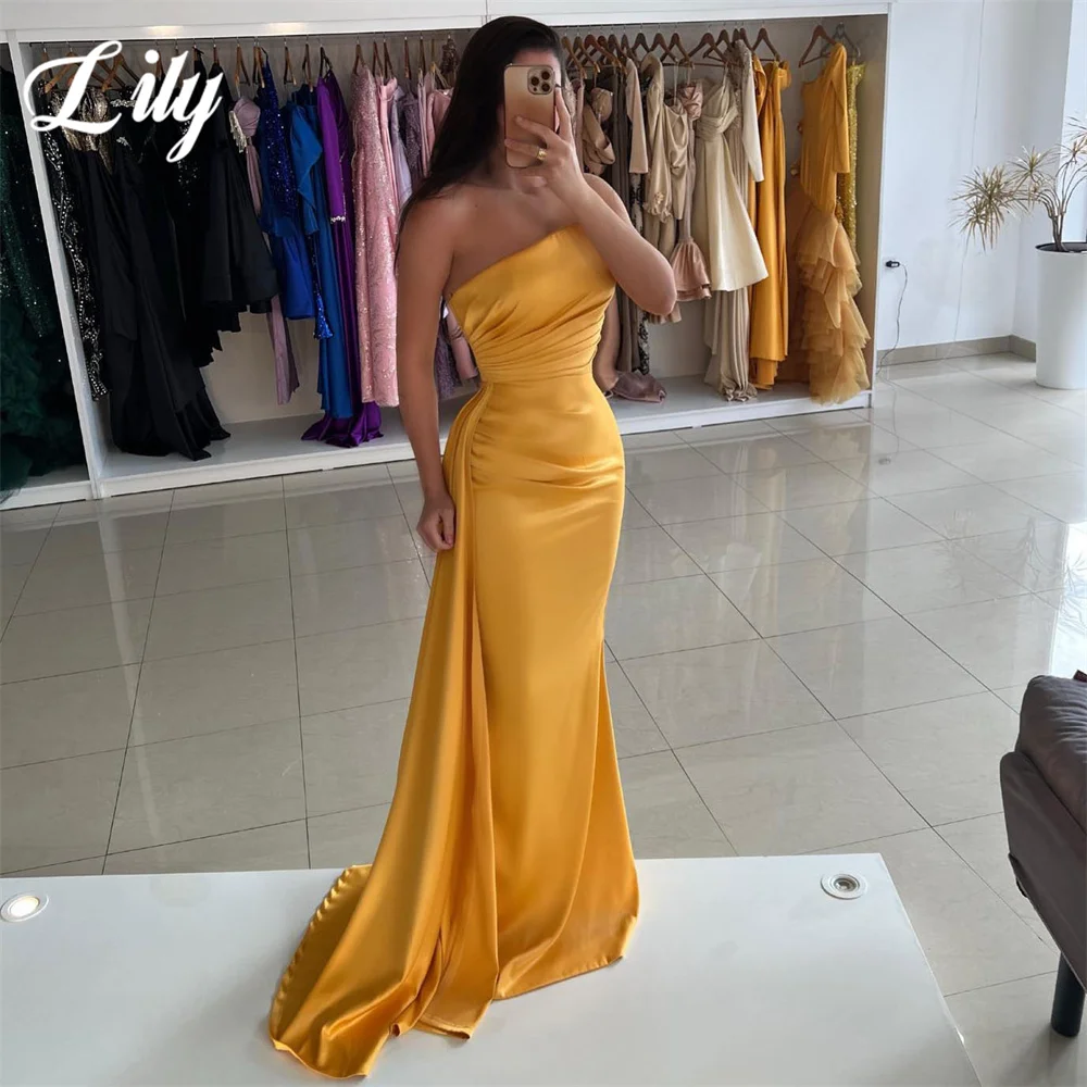 

Lily Gold Mermaid Sexy Special Occasion Dresses Stain One Shoulder Formal Gown Long Pleat Evening Dresses vestidos de fiesta