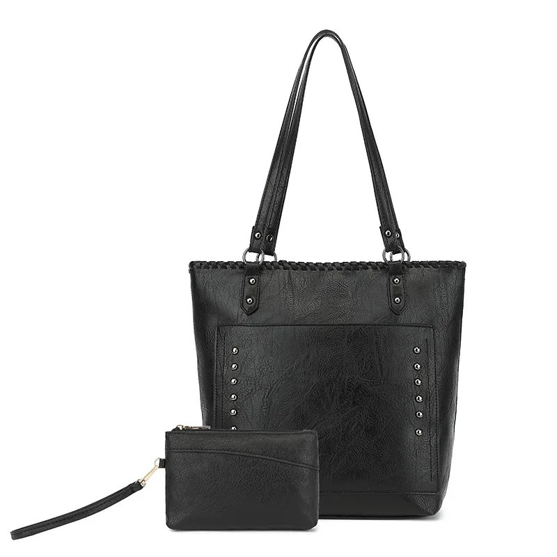 

Women Vintage Rivet Faux Leather Tote Shoulder Bag with Mini Wristlet Purse for Daily Office Travel Shopping Casual Carry Outfit