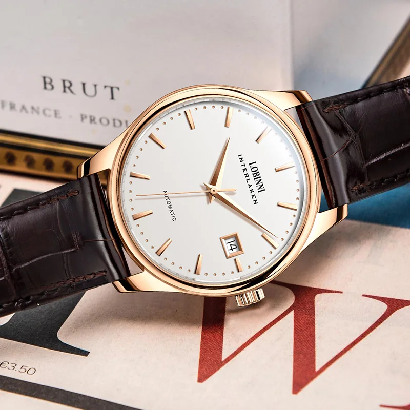 LOBINNI estilo Simple Gaviota ST2130 movimiento cuero de negocios cristal de zafiro hombres reloj automático impermeable