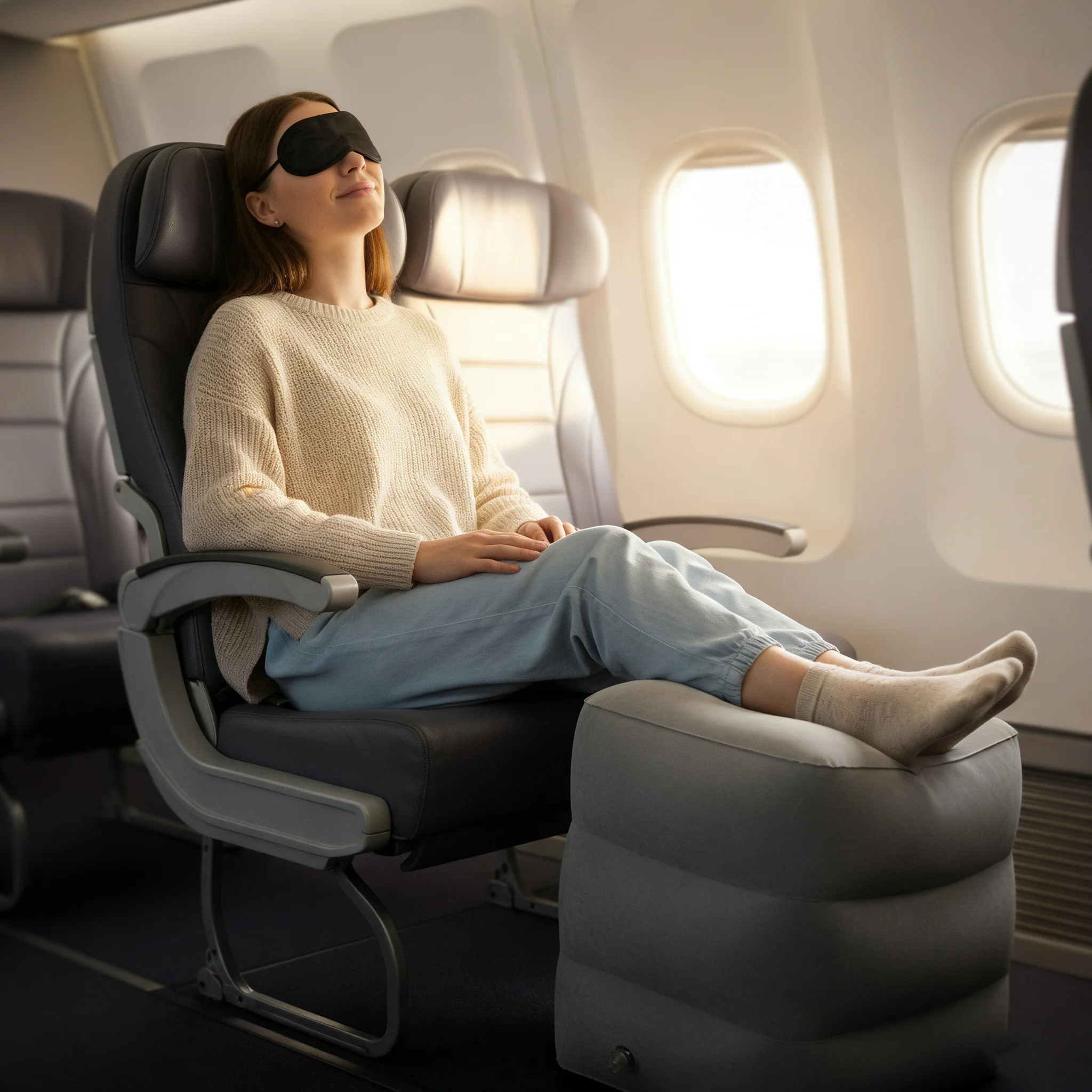 3-Layer Inflatable Foot Rest Pillow Adjustable Height Air Footrest for Travel Office Airplane Car Home