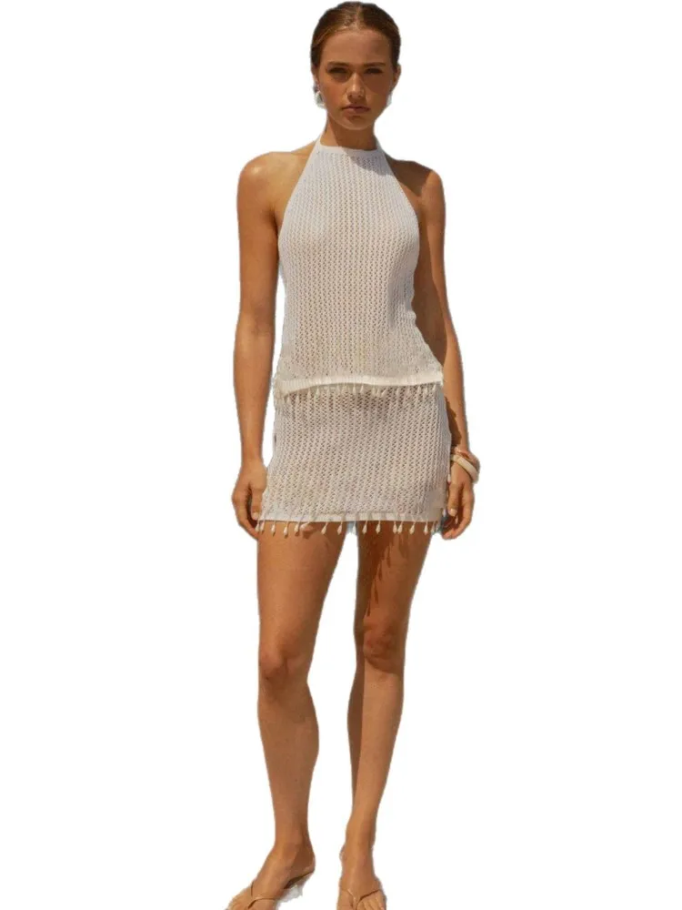 Maillot de bain jupe Cover-up 2 pièces ensemble femmes haut court et Mini jupe maillot de bain mode solide creux Sexy plage couvrir tenues