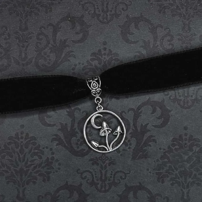 

Vintage Mushroom Choker, Plant, Mystery, Magic, Black Velvet, Moon Mushroom, Necklace For Women