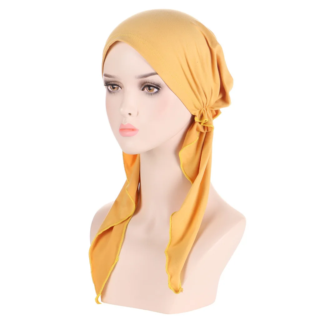 Solid Color Hijab Long Tail Turbans Casual Elastic Head Wraps Ramadan Beanies Hats Elastic Chemo Cap For Women