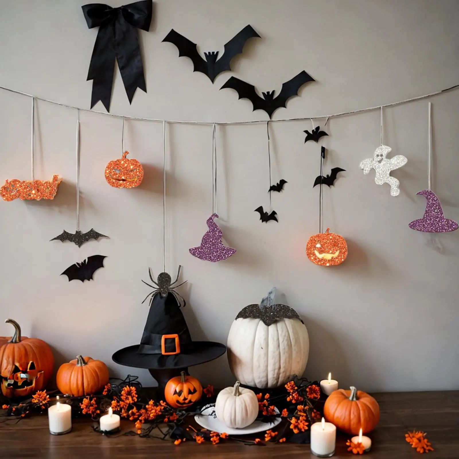 Banner de Halloween Decoraciones para fiesta de Halloween con sombrero de fantasma de arañas de murciélago de calabaza