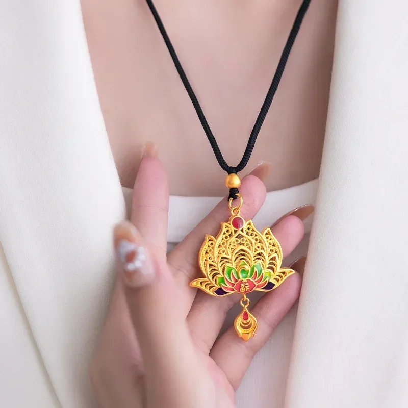 9999 Real Gold 24K Black Rope Pendant Enamel Color Flower Silk Fu to Vintage Big Peacock Pendant for Mom Accessories