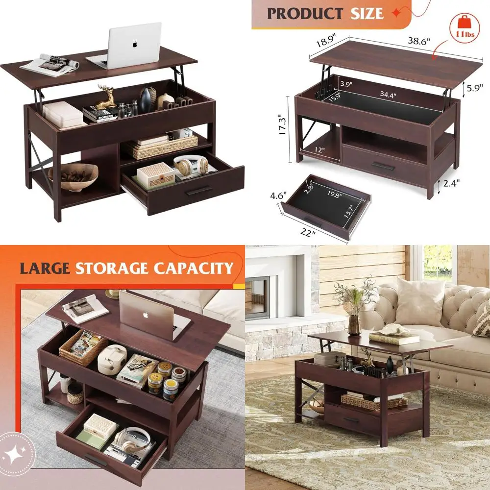

Rustic Oak Storage Coffee Table with Lift Top and Hidden Drawers for Living Room