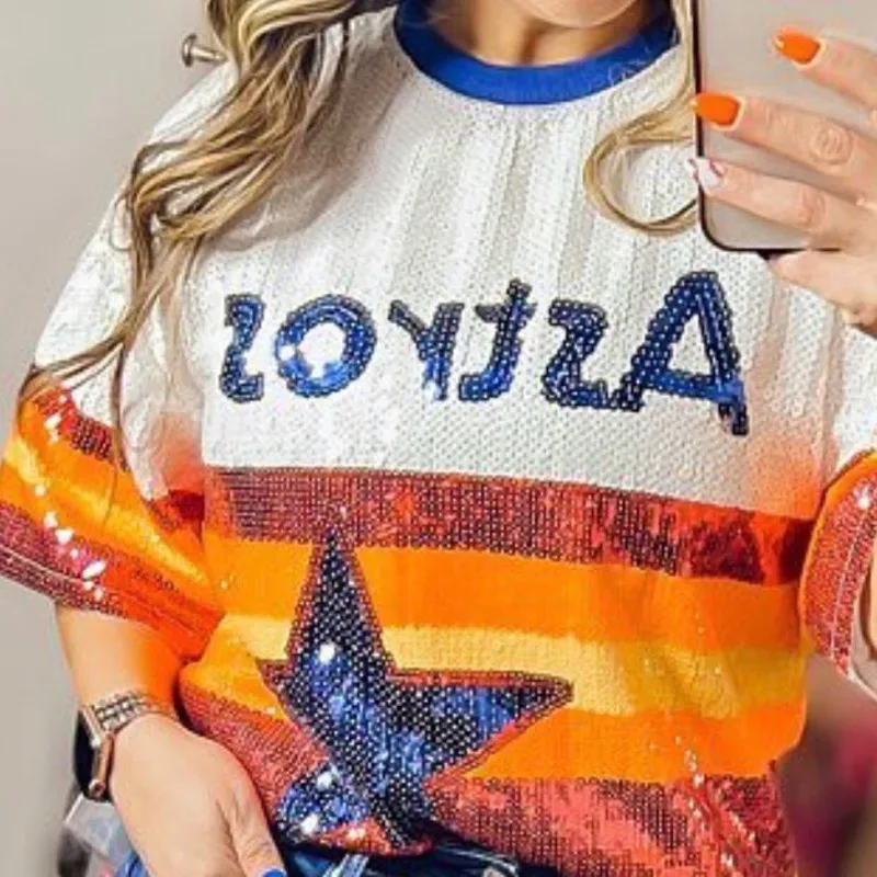 Autumn New Patchwork Color Sequins Geometry Letter Streetwear Female Short Sleeve T-Shirt Summer Hip Hop Night Club Women\'s Tops