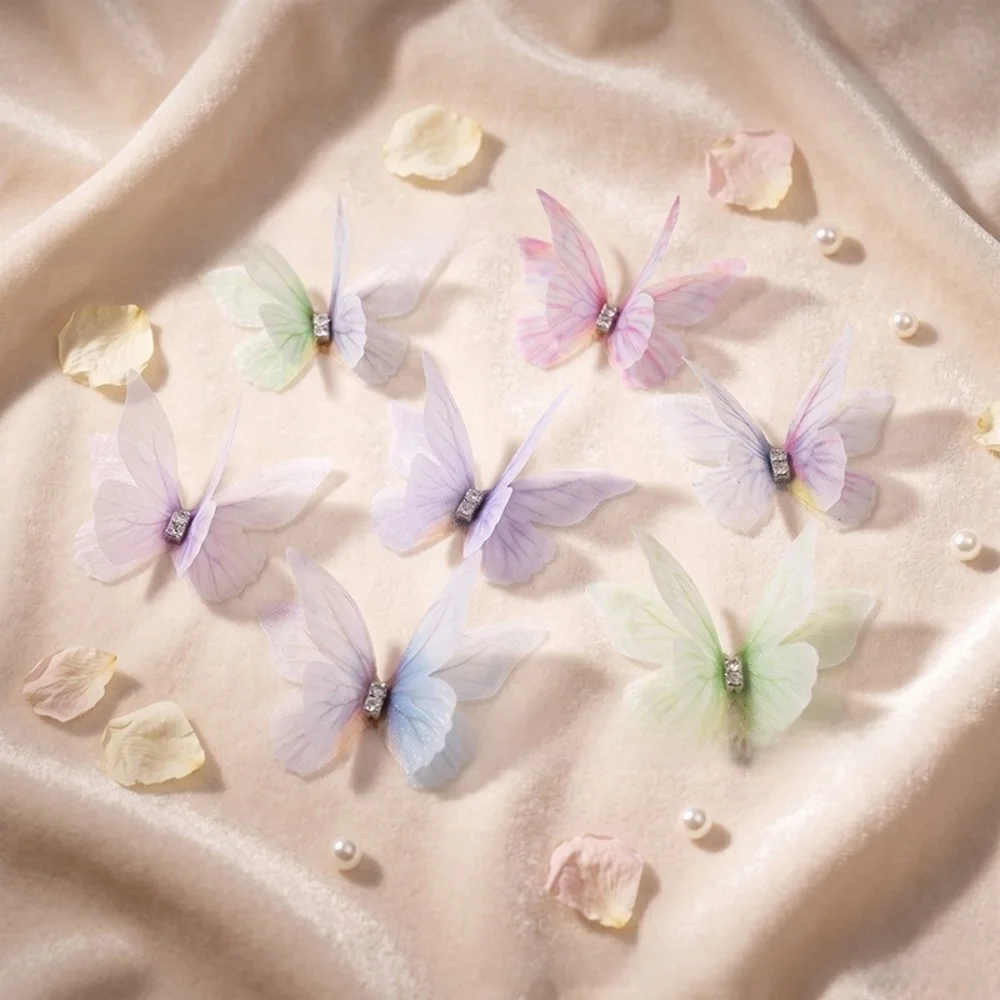 50Pcs 3D Organza Fabric Butterfly Appliques Double-layer Translucent Chiffon Butterfly Embroidered Patches Colorful