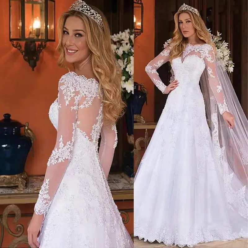 Princess A Line Long Sleeves Wedding Dress Lace Appliques Ivory Bride Gown Illusion O-neck Customized Vestido De Novia