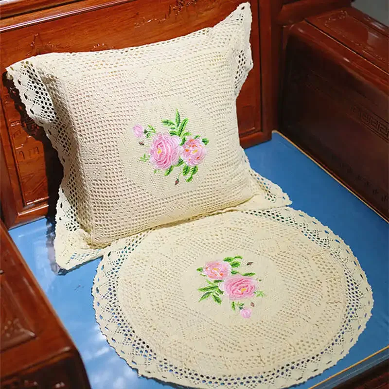 Creamy White Embroidered Peony Pattern Knitted Removable Cushion Cover Cotton Square Throw Pillow 40x40 Home Decoration