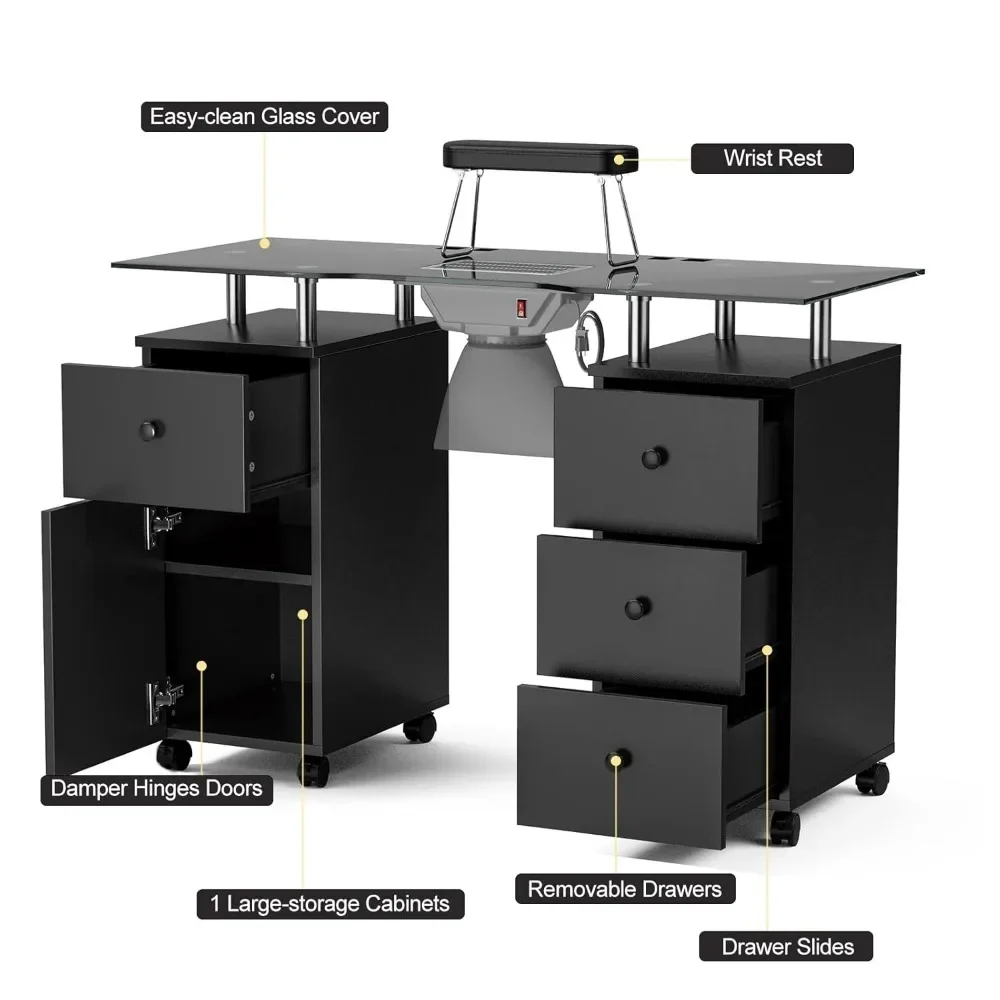 Table de Manucure en Verre, Bureau de Maquillage pour Module d'Ongles avec Évent betérieur Électrique, Rangement de Proximité