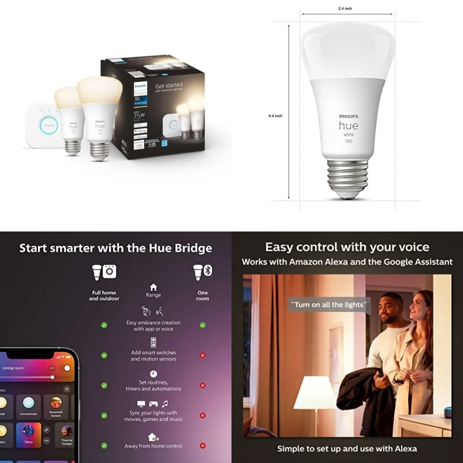 

White Smart Light Starter Kit - Includes 1 Bridge and (2) 75W A19, E26 LED Smart Soft White Bulbs - Control with App - Compatib