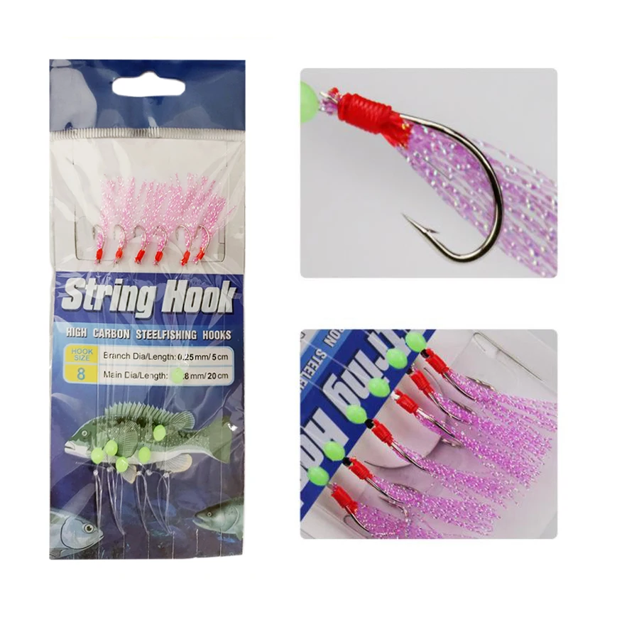 5Packs Fishing Rigs 6 Hook/Set Rainbow Skin Silk String Hook Fishing Lure Saltwater Freshwater Bait Rig Tackle 8#