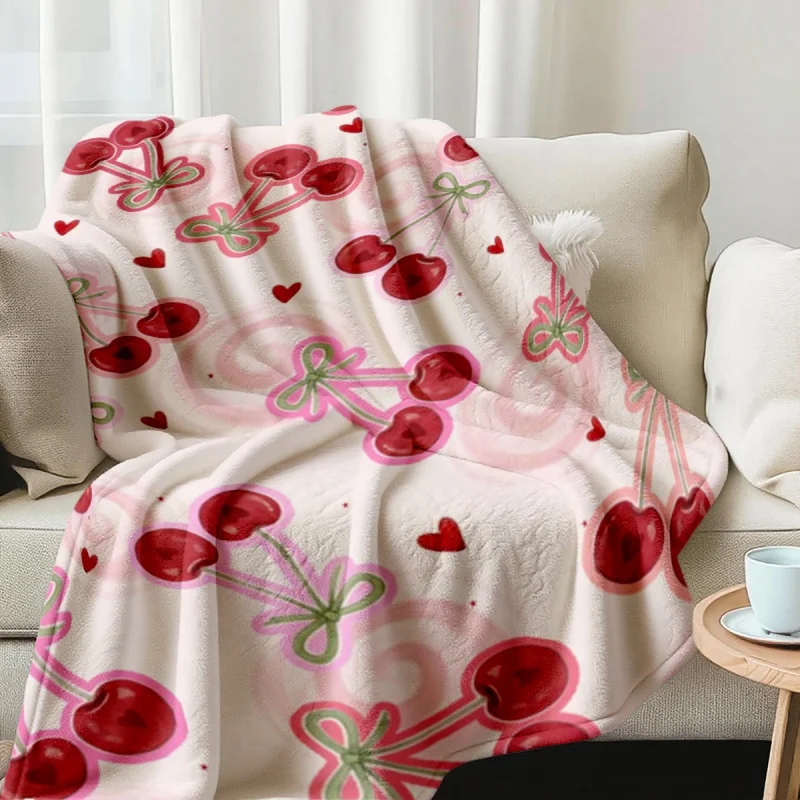 Cute Red Cherry Pink Bow Heart Watercolor Flannel Throw Blanket, Sweet Fruit Girly Blanket for Sofa Bed Home Decor