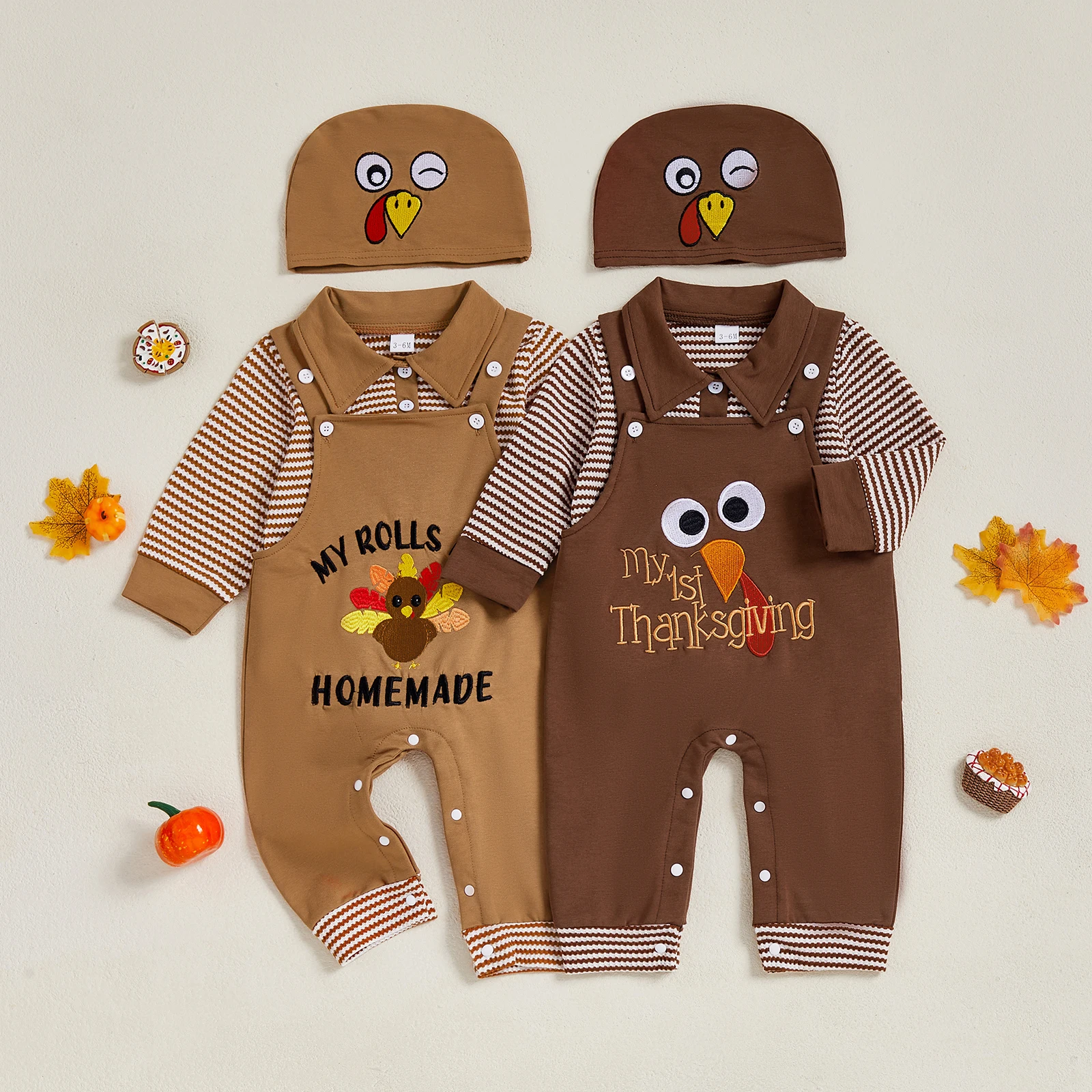 

Toddler Baby Boy Thanksgiving Outfit Stripe Long Sleeve Lapel Romper Turkey Embroidery Overalls Suspender Pants Hat 3Pcs Set