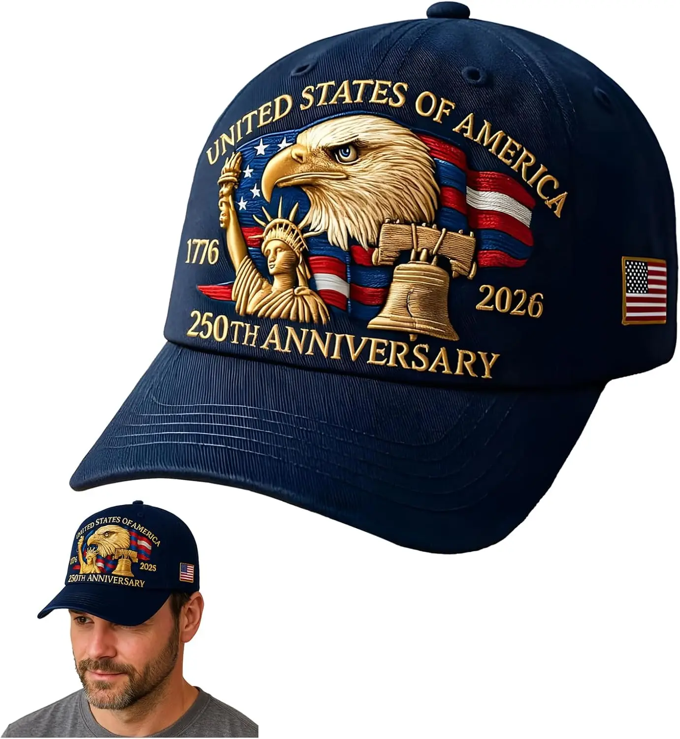 Image of 1 Stück Baseballkappe zum 250-jährigen Jubiläum der Vereinigten Staaten für Damen, gewaschenes Retro-Design, handgefertigte Stickerei-Mütze für Partys, verstellbar