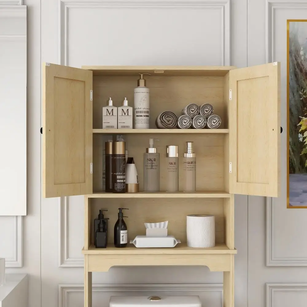 Over Toilet Storage Cabinet with Rattan Doors & Adjustable Shelves - Natural Wood Bathroom Organizer