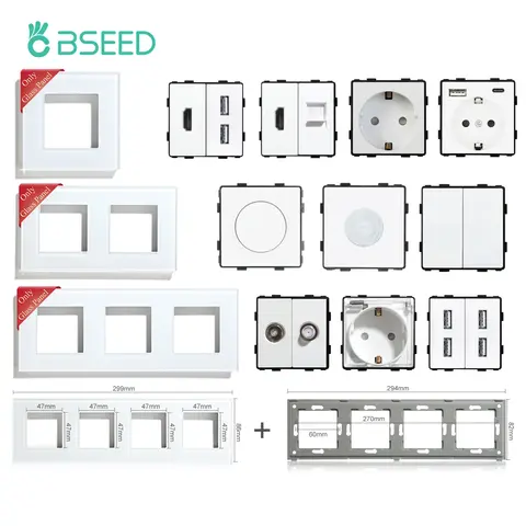 BSEED 유리 프레임 EU 표준 PIR 센서 스위치 모듈 부품 벽 소켓 DIY 기능 조광기 기본 HDMI USB Type-c 부품