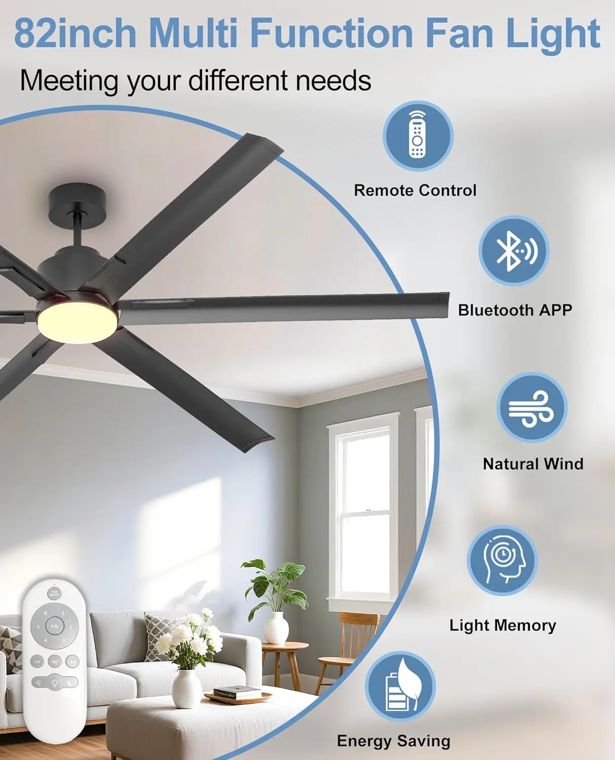 82 Inch Ceiling Fan with Light,Industrial LED Fan Lights with 6 Aluminium Blades,Large Ceiling Fan - Remote/APP Control,