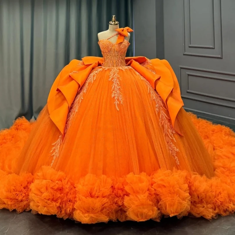 

Orange Shiny Quinceanera Dresses Off The Shoulder Applique Lace Beading Crystal Bow Tiered Tull Party Birthday Sweet 16 Dress