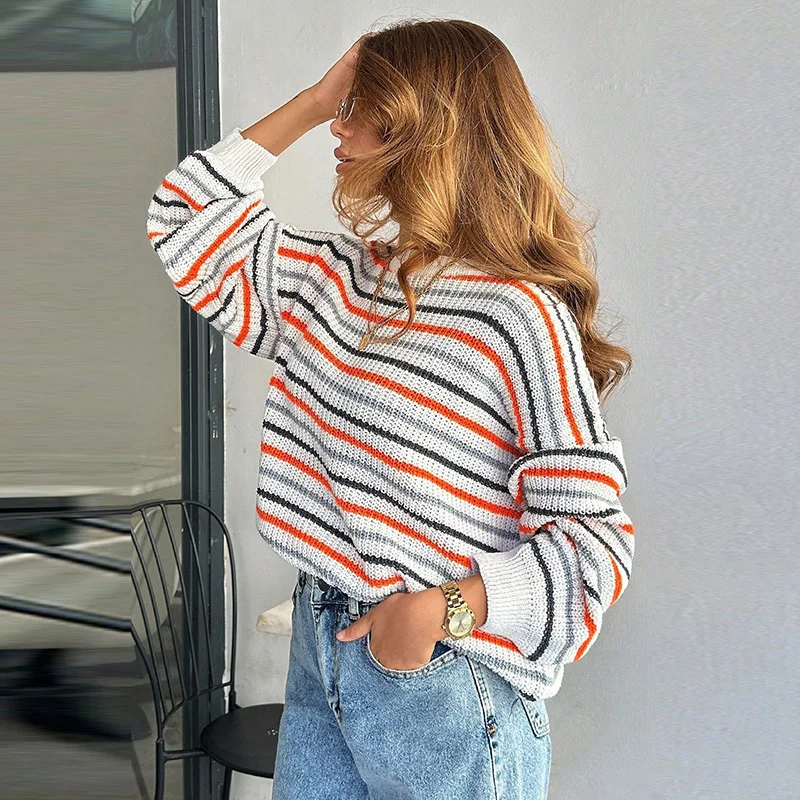 Regenbogenfarbener Gerippter Strickpullover für Damen Lässiger O-Ausschnitt Langarm Paneeliert Locker Sitzende Strickware Schicke Damen-Oberbekleidung Neu – Detail 7