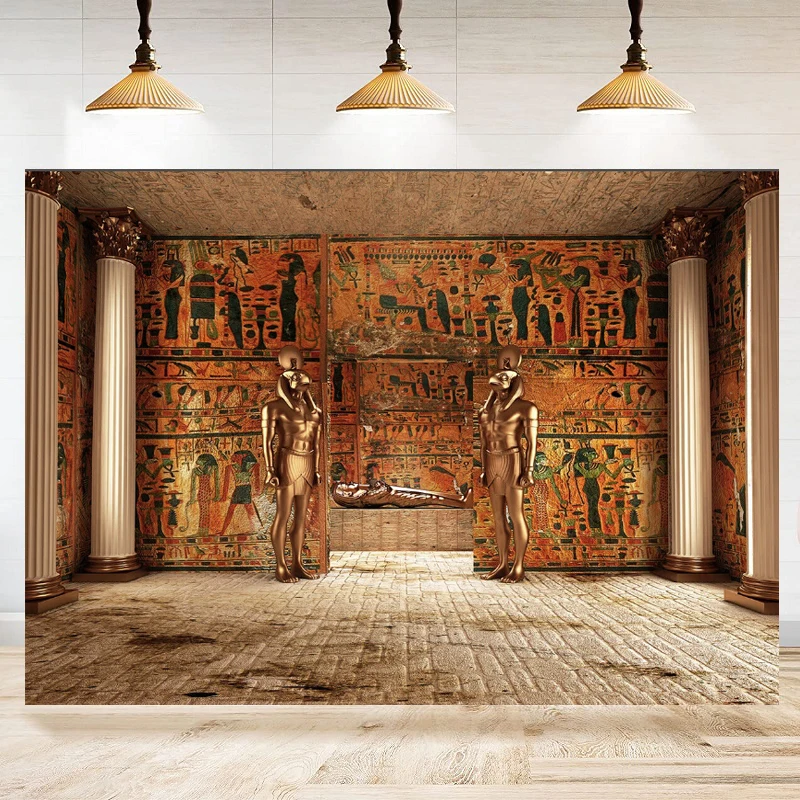 Egyptian Temple Hypostyle Hall Photography Backdrop Golden Egypt Palace with Hieroglyphic Wall Mural Background for Travel