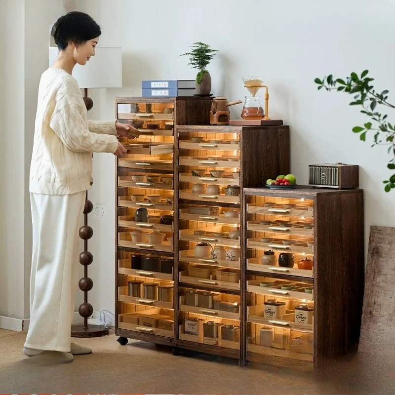 Solid wood Bogu rack with lamp sensor light cabinet shelf living room side cabinet tea set cabinet bracelet Wenwan storage