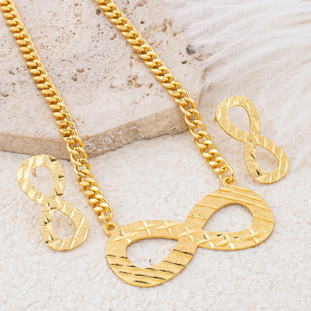 8-Wort-Edelstahl-Halskette und Ohrringe, mattiertes Design, Unendlichkeitssymbol, geometrischer Schmuck, Accessoires für Damen-Partygeschenke – Detail 6