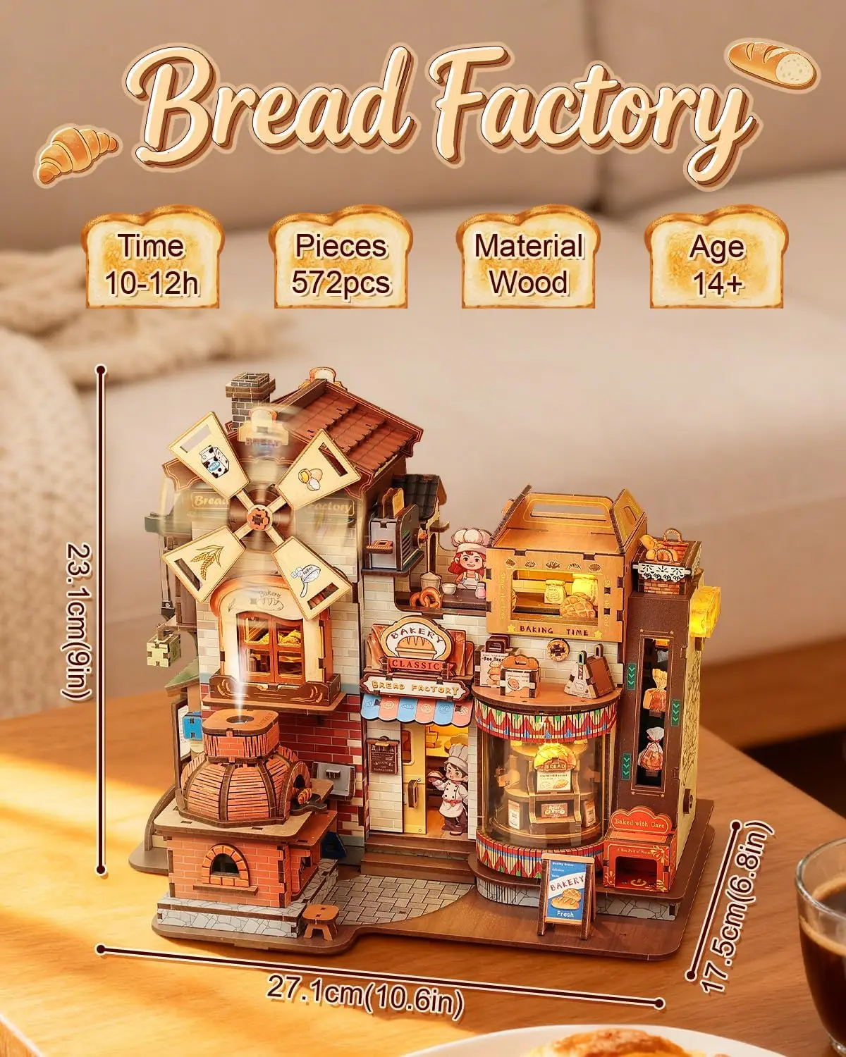 Book Nook, 3D Wooden Puzzle for Adults,576 Pcs (Bread Factory) | Diorama Kit with Music Box,LED Light, Atomization Smoke, Type-C