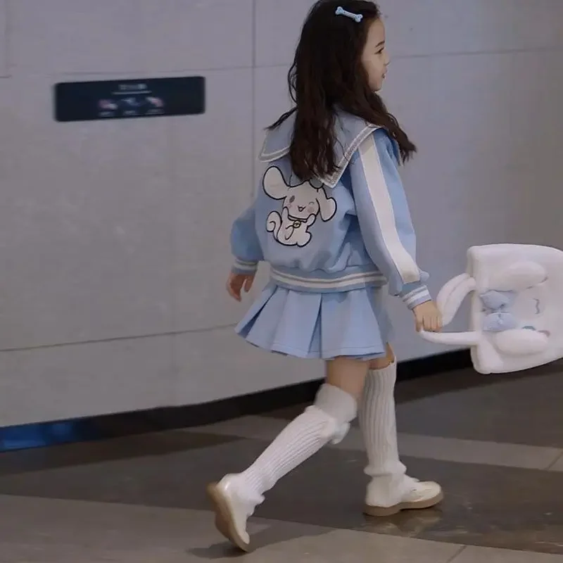 Traje de moda de Anime para niñas, chaqueta de béisbol para niños, Falda plisada, pantalones, ropa Coreana de 2 piezas, Cinnamoroll, Sanrioed, Otoño e Invierno