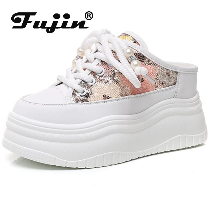 

Fujin 7cm New Air Mesh Genuine Leather Platform Wedge Summer Slipper Fashion Women ROME Sandal Bling Chunky Sneakers Pumps Shoes