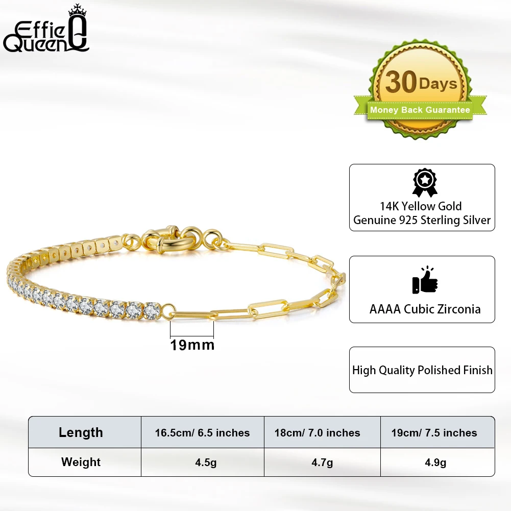 EFFIE QUEEN 925 Sterling Silver 3MM Zircon Tennis Crystal Bracelet Women Fashion Paperclip Chain Engagement Wedding Party SB119
