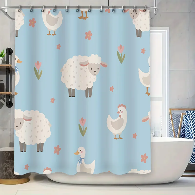 

Синяя овечка, курица, утка, семейная занавеска для душа с цветочным принтом для декора ванной комнаты, водонепроницаемая печать, домашний декор, размер: 180