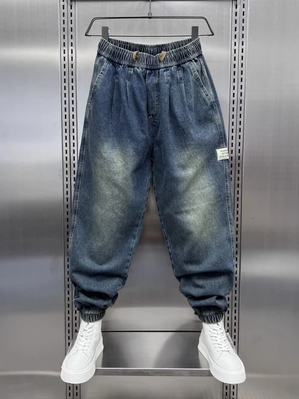 

Large Size 300 Pou Waed Cuffed Jeans Men's Spring Autumn American Retro Dstring Elastic Waist Dad Loose Pants
