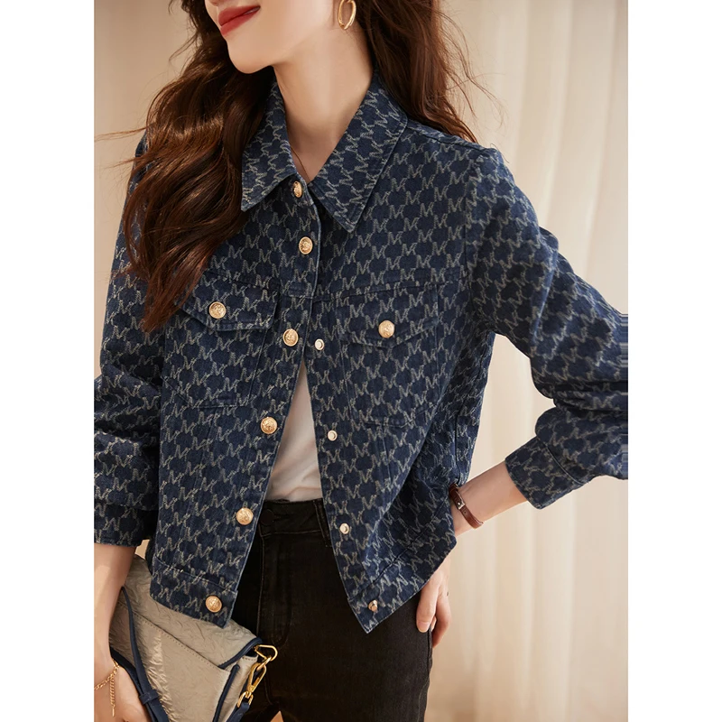 Autumn 2024 New Style Elegant Letter Denim Jacket Women\'s Fashion Simple Laps Long Sleeve Women\'s Casual Loose Jacket Coat