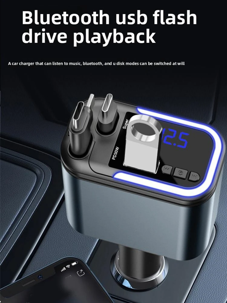 5-in-1 einziehbares USB-C-Autoladegerät 180 W Auto-Schnellladeadapter mit Atmosphärenlichtern für iPhone, iPad, Android
