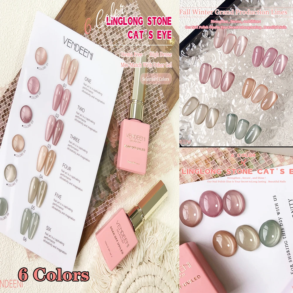 

Vendeeni 6 цветов/набор Розовый желейный гель-лак для ногтей «кошачий глаз» УФ-светодиод телесного цвета с кристаллами Магнитный маникюрный лак для ногтей с цветной картой