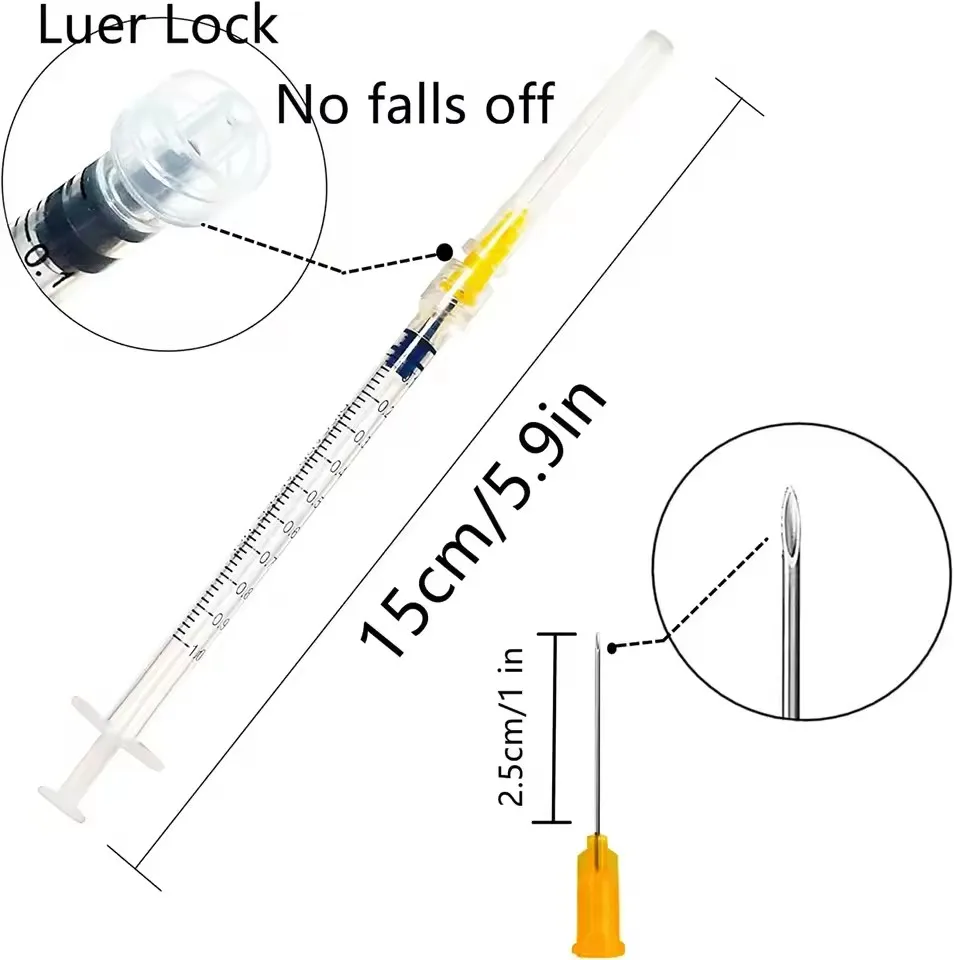 1ml/cc Disposable Plastic Sterile Syringes with 25Ga Cap, for Scientific Labs, Industrial Adhesives, Individually Package