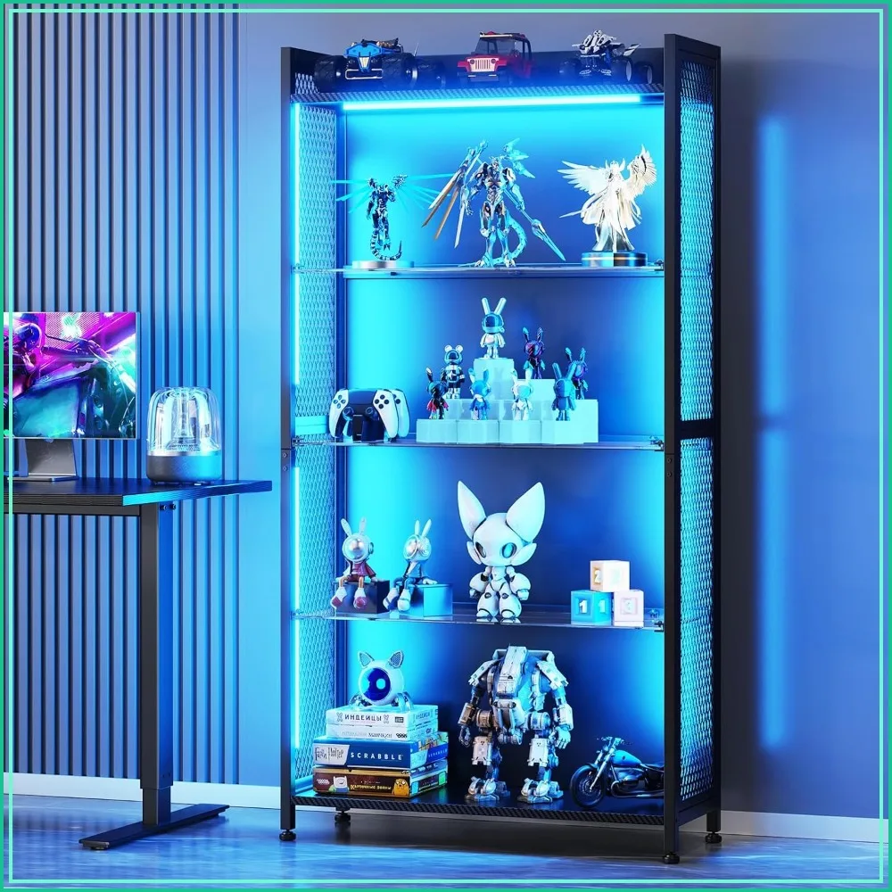 AODK 4-Tier Display Case with Glass Shelves & RGB Lights, Display Cabinet for Collectibles