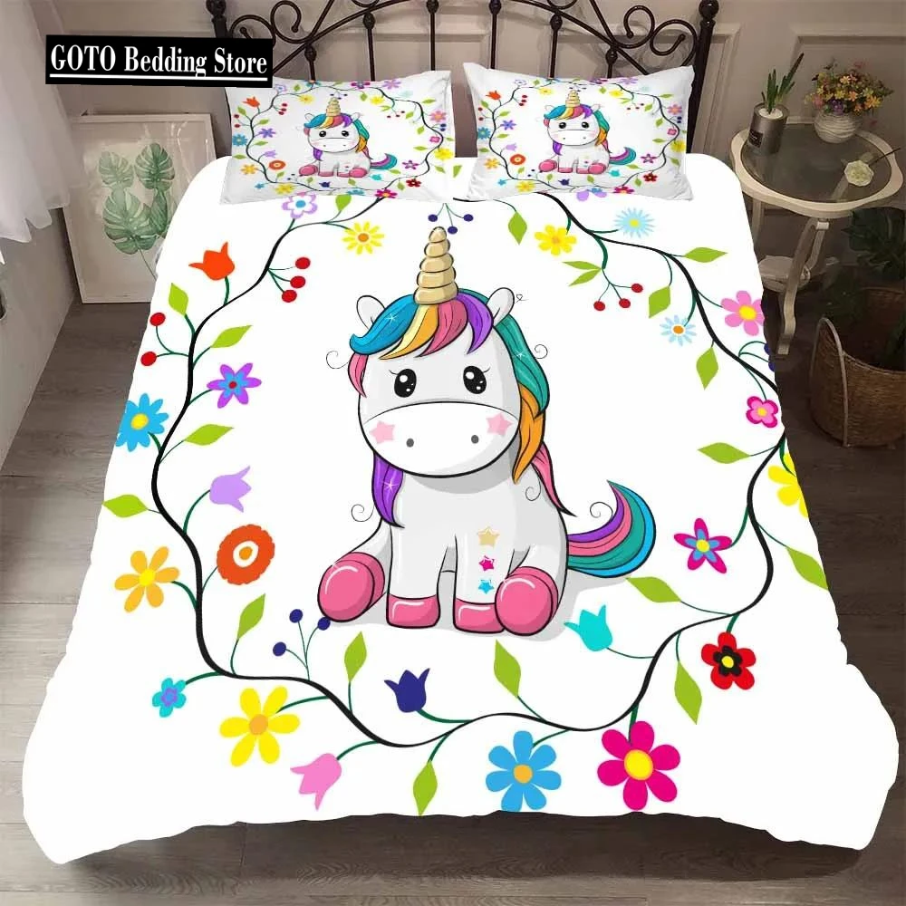 

Pink Cartoon Comforter Bedding Sets Flower Unicorn Bedding Set 100% Bamboo Fiber Duvet Cover+Pillowcases Full Twin Kids Single