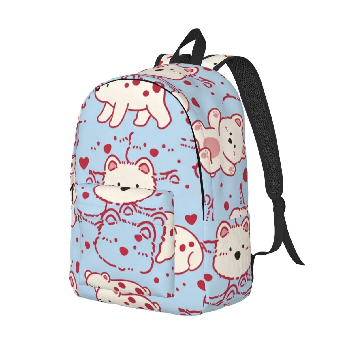Kawaii Student Backpack Grid Bear Whimsical Cute Sky Blue Crimson Red Cream White Cool Bookbag for Girls Boys College Travel Gym