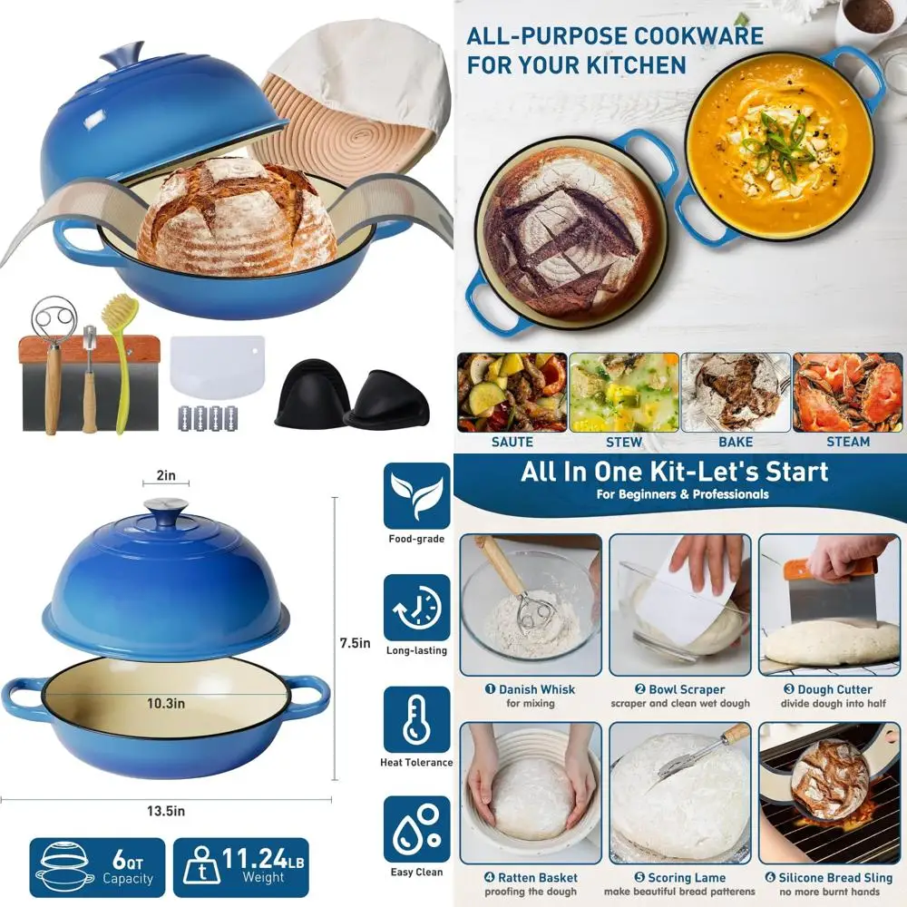 فرن خبز من الحديد الزهر للخبز، وعاء فرن هولندي متعدد الوظائف 6QT مع غطاء، يتضمن سلة التدقيق، حبال السيليكون والعجين مع