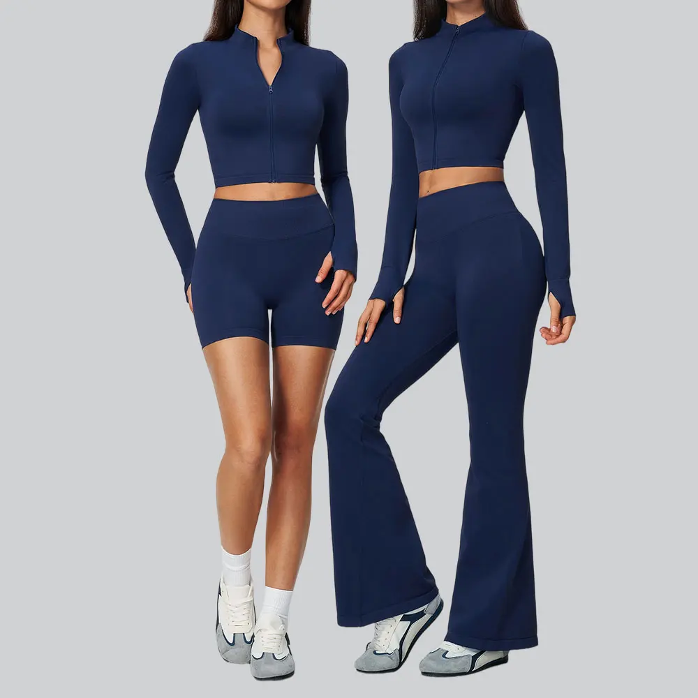 Women's Seamless Tracksuit Yoga Set 2Pcs Zipper Thumb Hole Long Sleeve High Waist Flare Pants Butt Lifting Workout Athletic Wear