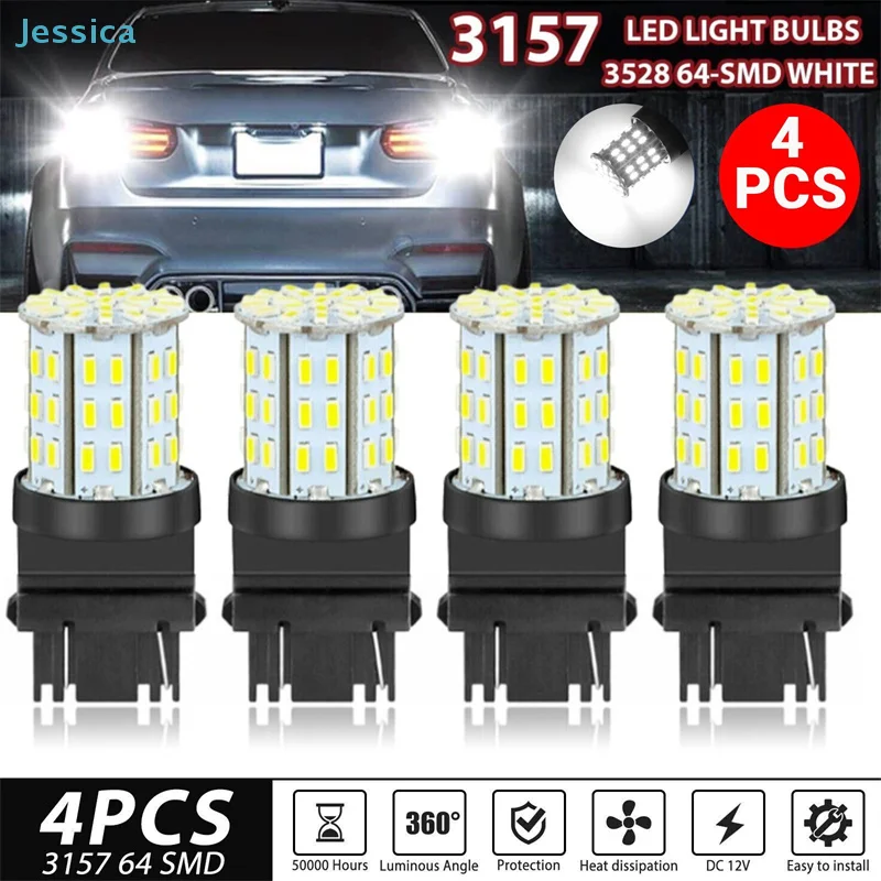 

♥ Набор из 4 светодиодных лампочек 3157 | 64-SMD Белые автомобильные стоп-сигналы поворота (12 В, срок службы 50000 часов)