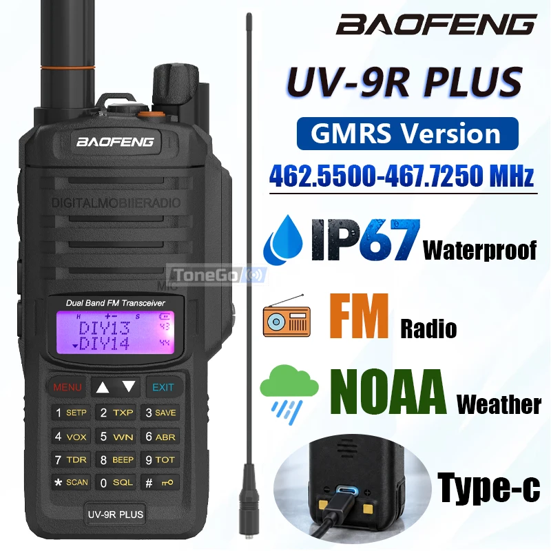 Baofeng UV-9R Plus GMRS Walkie Talkie IP67 Waterproof DIY Repeater Channel 462.5500-467.7250 MHz USB-C NOAA FM Handheld HamRadio